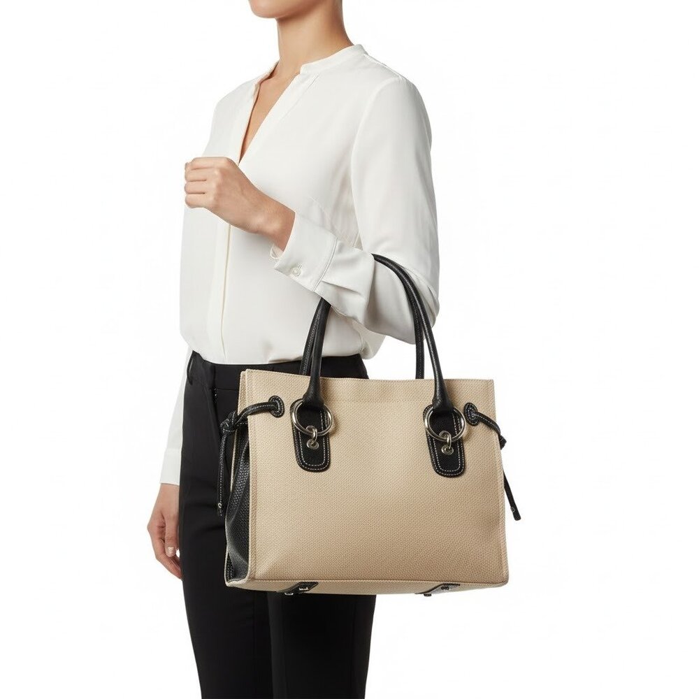 Talbots Tan Linen-Blend Structured Tote Bag Black Leather Trim Coastal Grandma